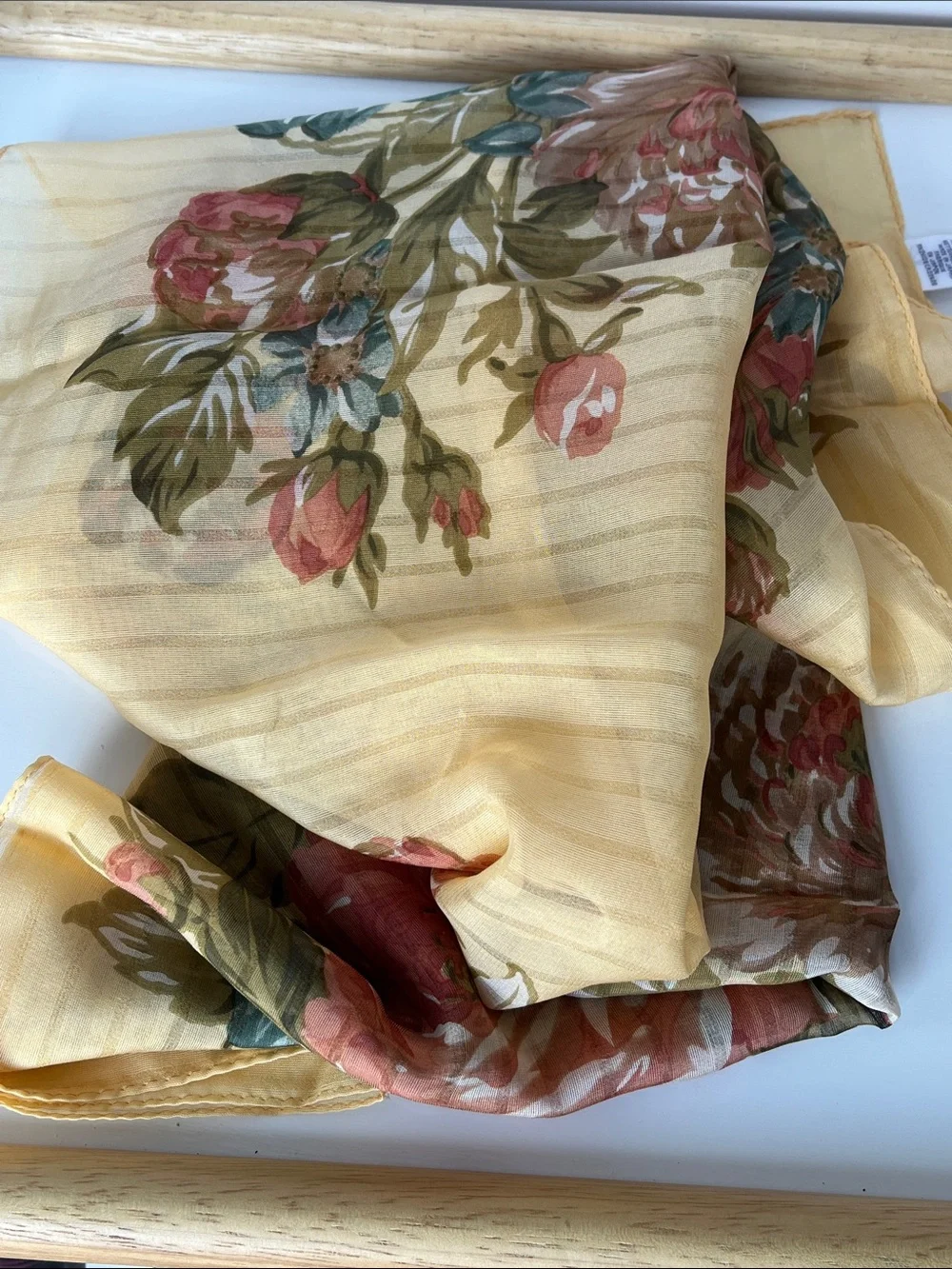 Vintage Echo Silk Scarf Sheer Floral Yellow 34x36 Cottagecore Romantic Square